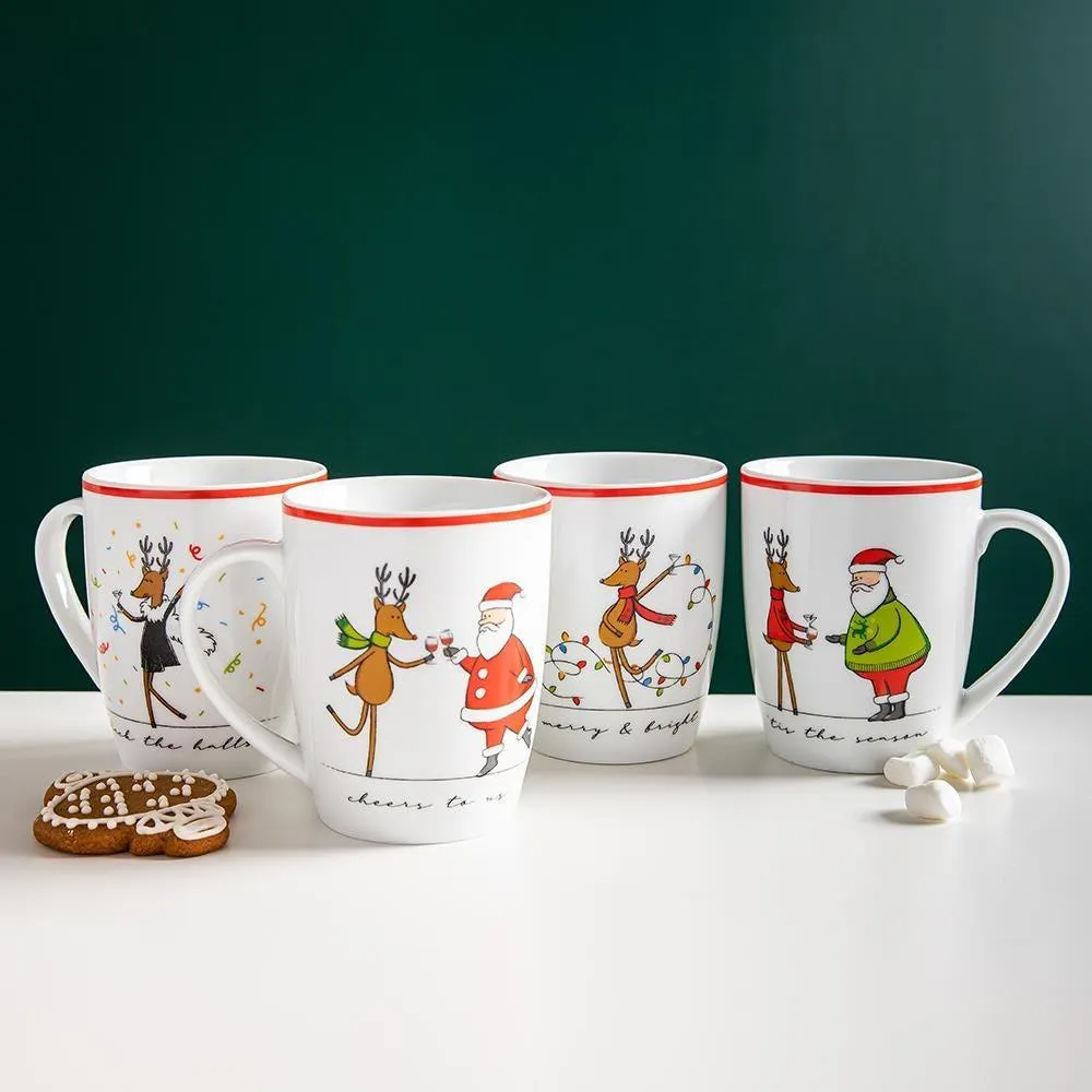 KSP Christmas Decal 'Merry Reindeer' Porcelain Mug - Set of 4