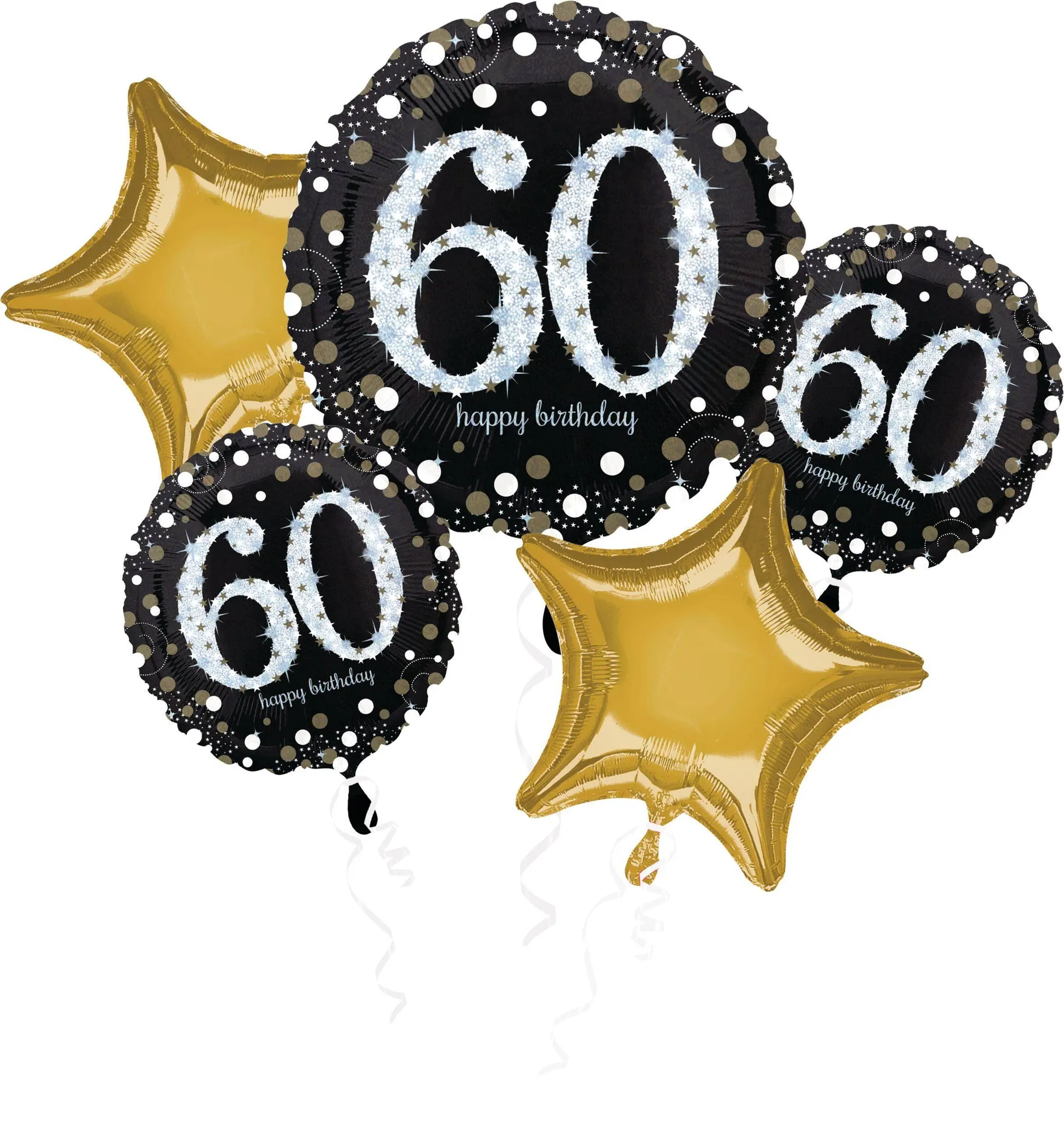 Sparkling Celebration "Happy 60th Birthday" Star Satin Foil Balloon Bouquet, Black/Gold, 5-pk, Helium Inflation & Ribbon Included for Birthday Party