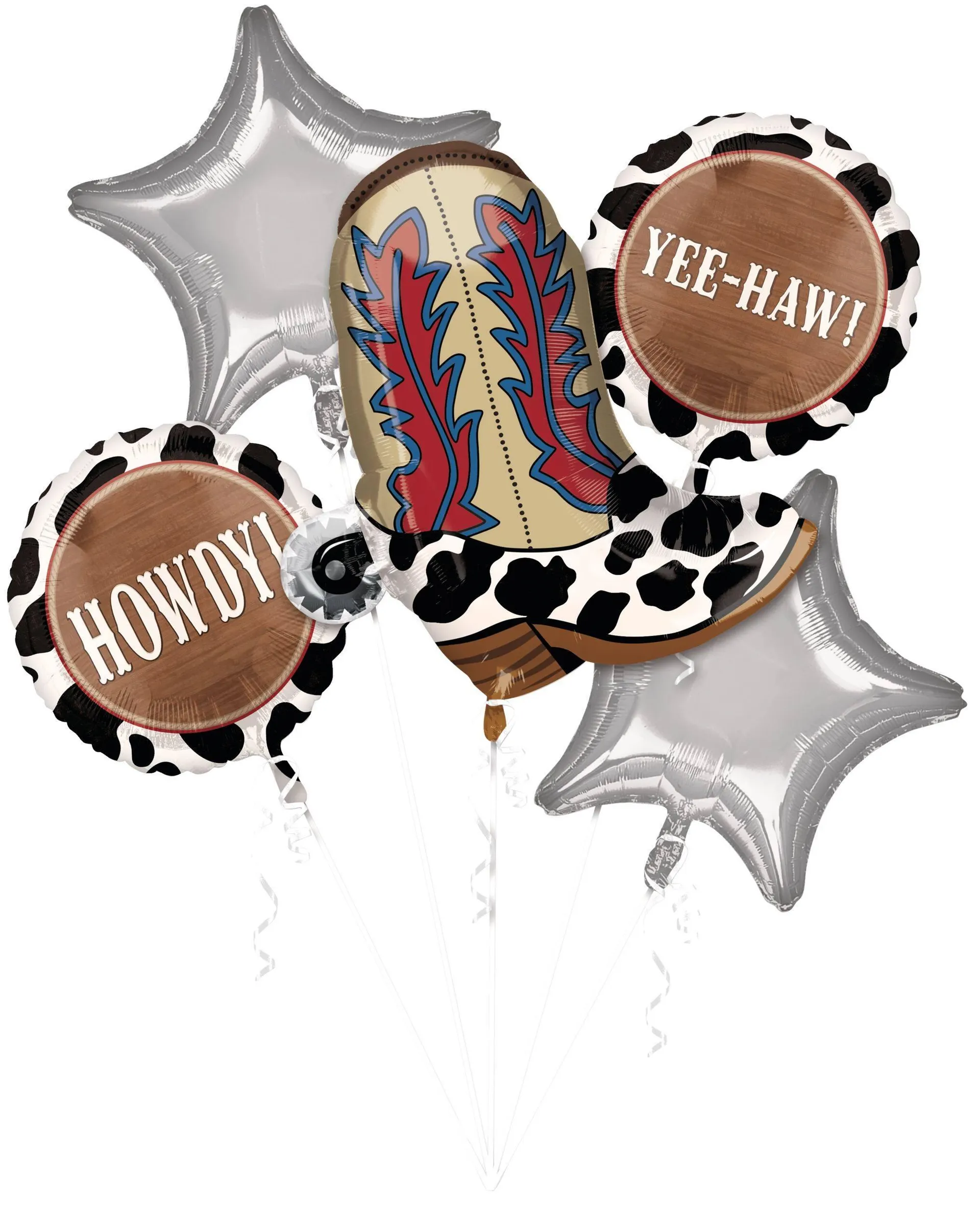 Western "Yee-Haw Howdy" Cowboy BootSatin Foil Balloon Bouquet, Brown/Silver, 5-pk, Helium Inflation & Ribbon Included for Cowboy/Cowgirl Party