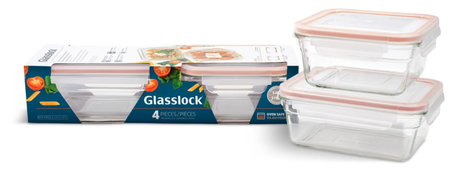Glasslock Food Storage Container and Lid Set with Airtight Seal, Rectangular, Assorted Sizes