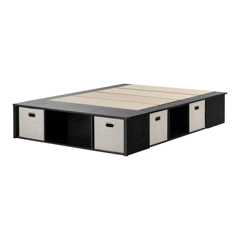Flexible Full Storage Platform Bed with Baskets in Black Oak, 56 in. x 76.75 in. x 13.5 in.
