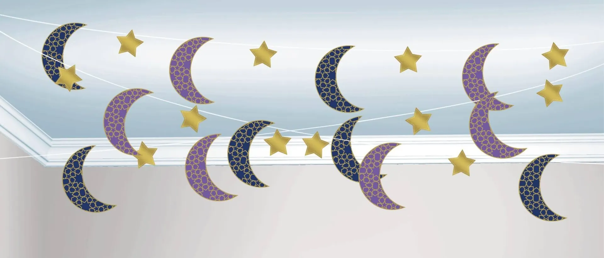 Eid Crescent Moon and Star String Decorations, Blue/Purple/Gold, 6-pc
