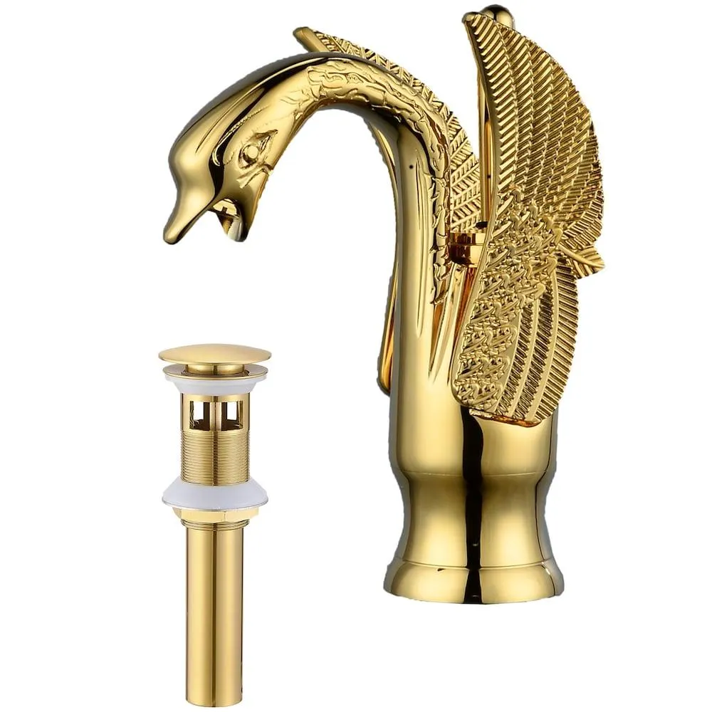 Swan Single Hole Single-Handle Bathroom Faucet and Pop Up Drain & Overflow Cover in Gold