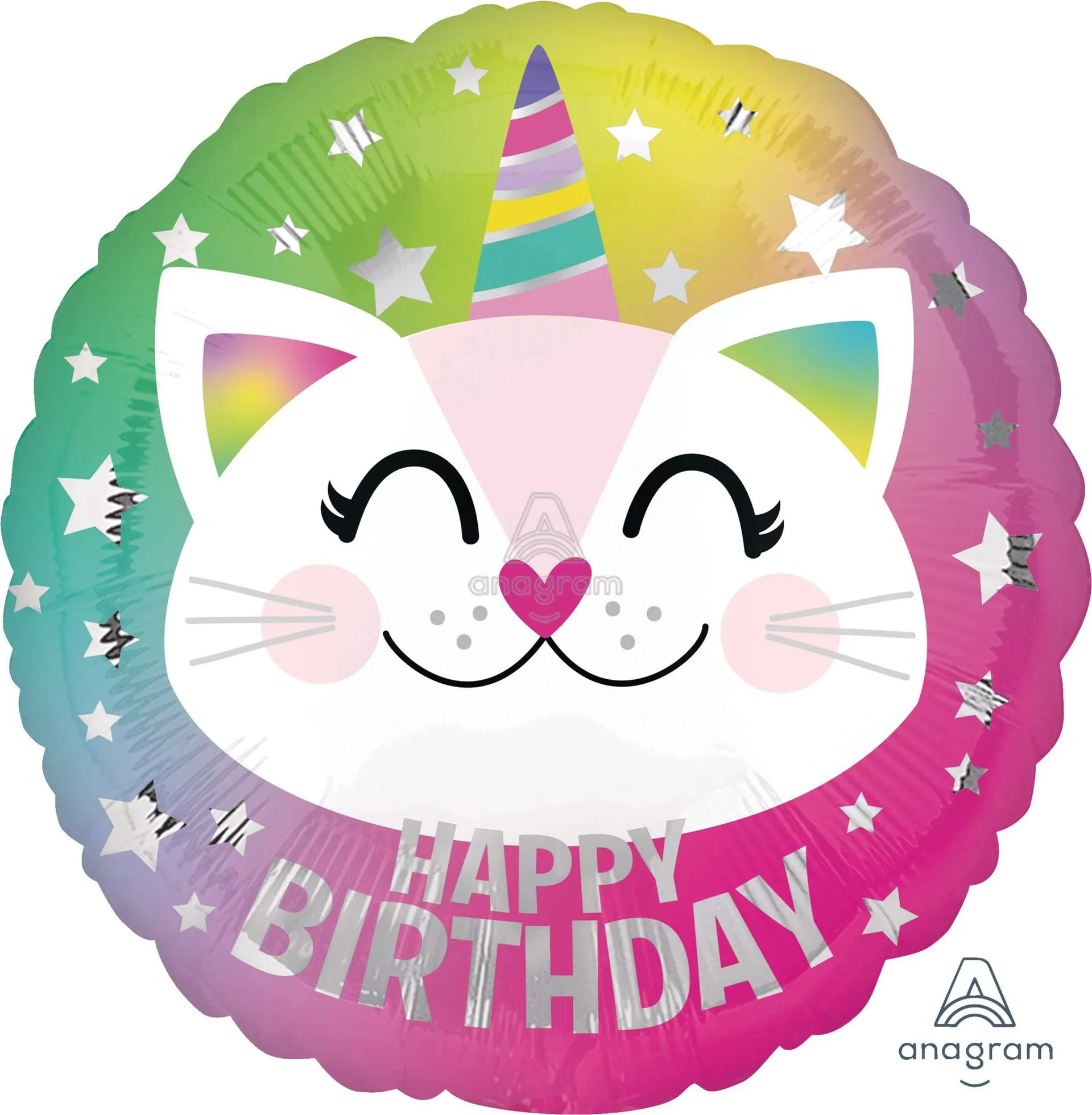 Cat "Happy Birthday" Round Satin Foil Balloon, Multi-Coloured, Stars, 17-in, Helium Inflation & Ribbon Included for Birthday Party