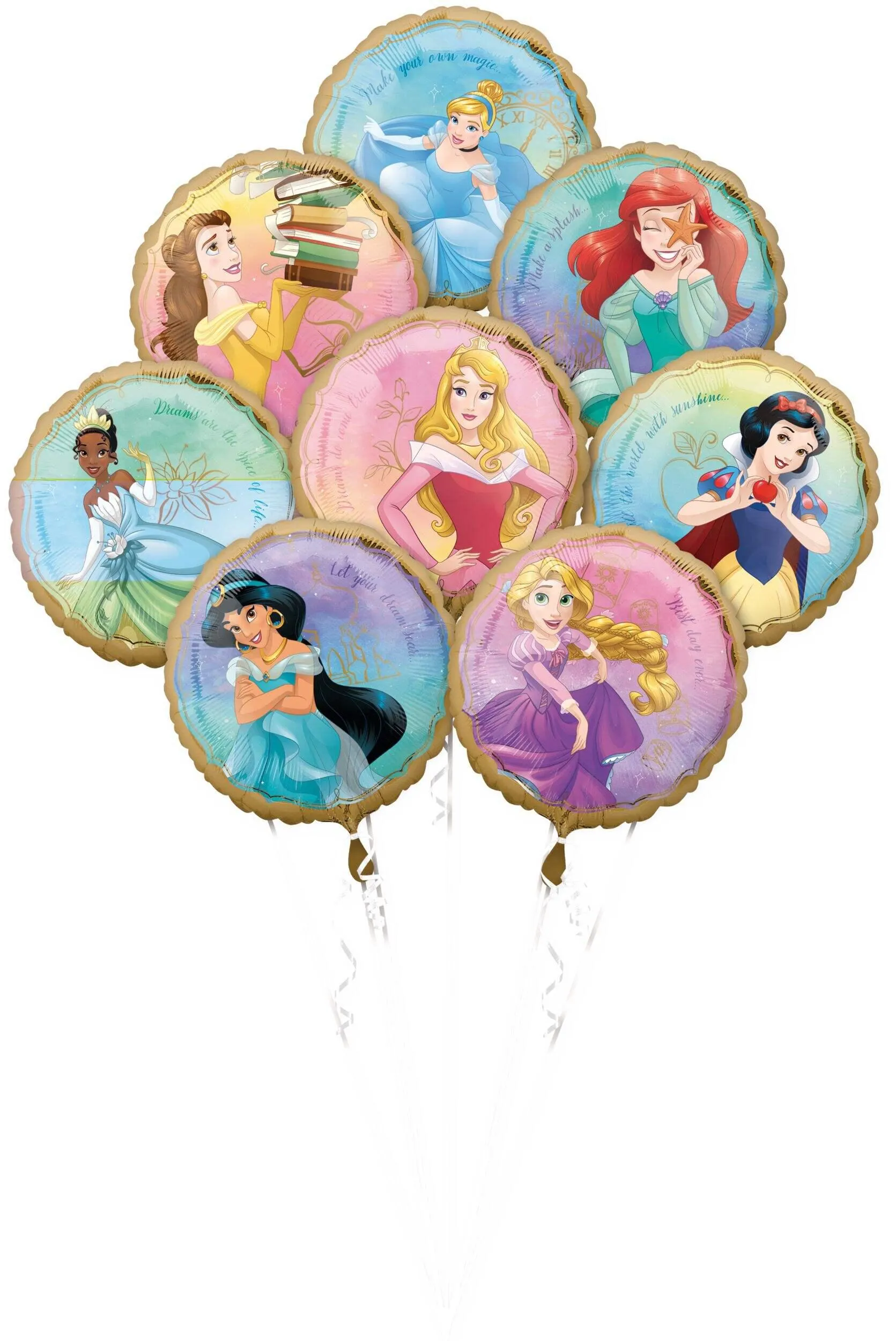 Disney Princess Once Upon A Time Round Satin Foil Balloon Bouquet, Blue/Pink, 8-pk, Helium Inflation & Ribbon Included for Birthday Party