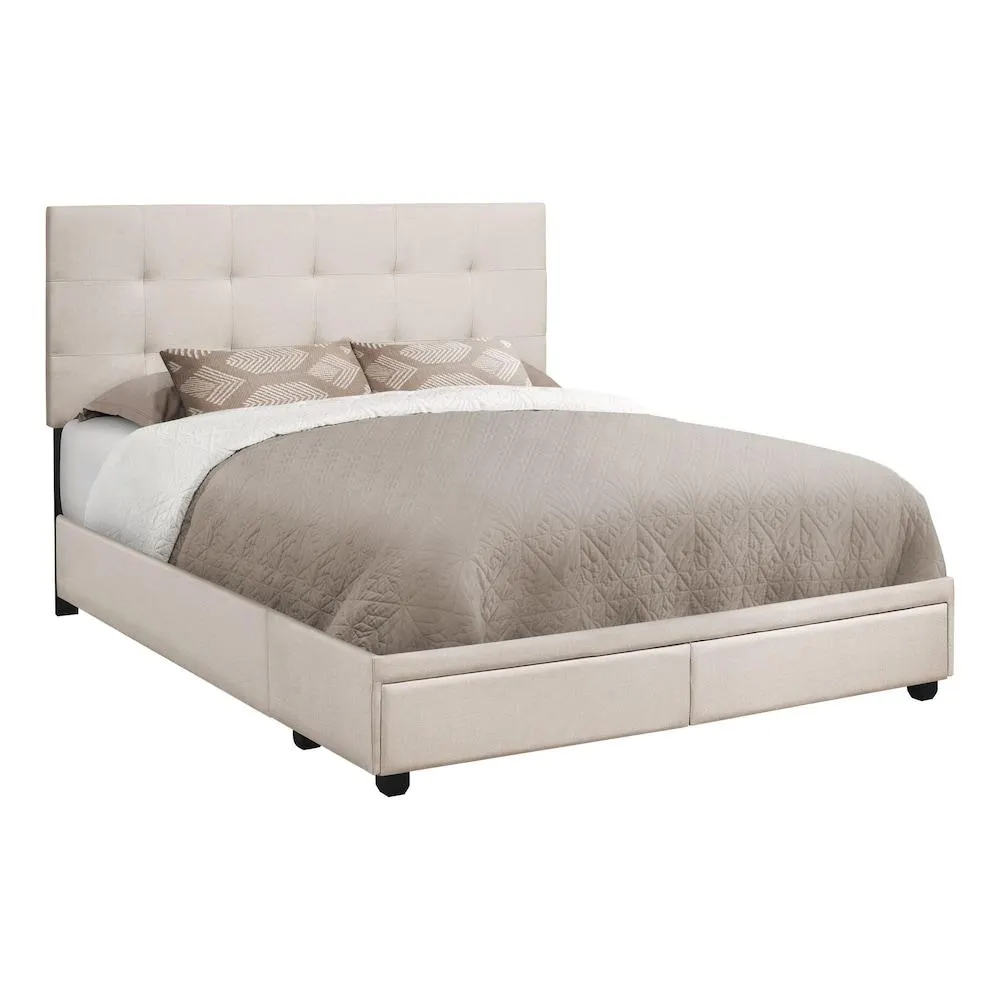 Bed, Queen Size, Platform, Bedroom, Frame, Upholstered, Linen Look, Wood Legs, Beige, Black
