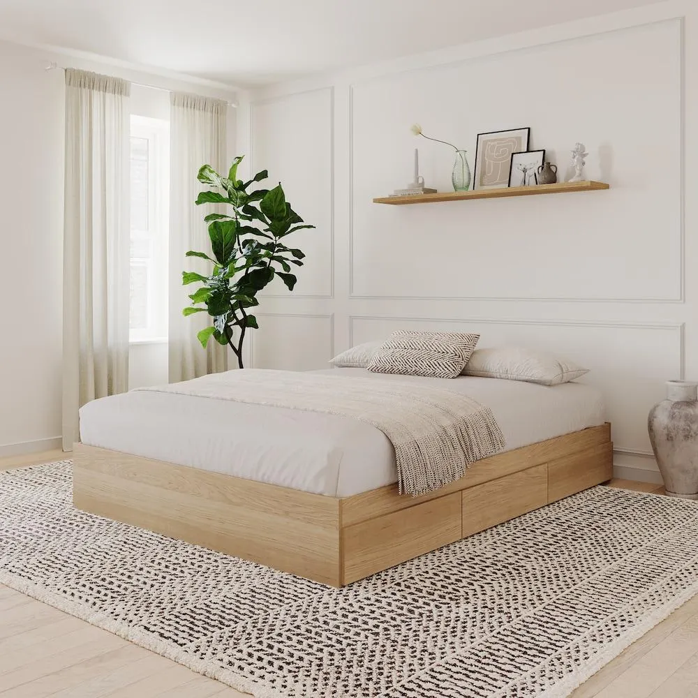 Nordik 3 Drawer Queen Size Bed, Natural Maple
