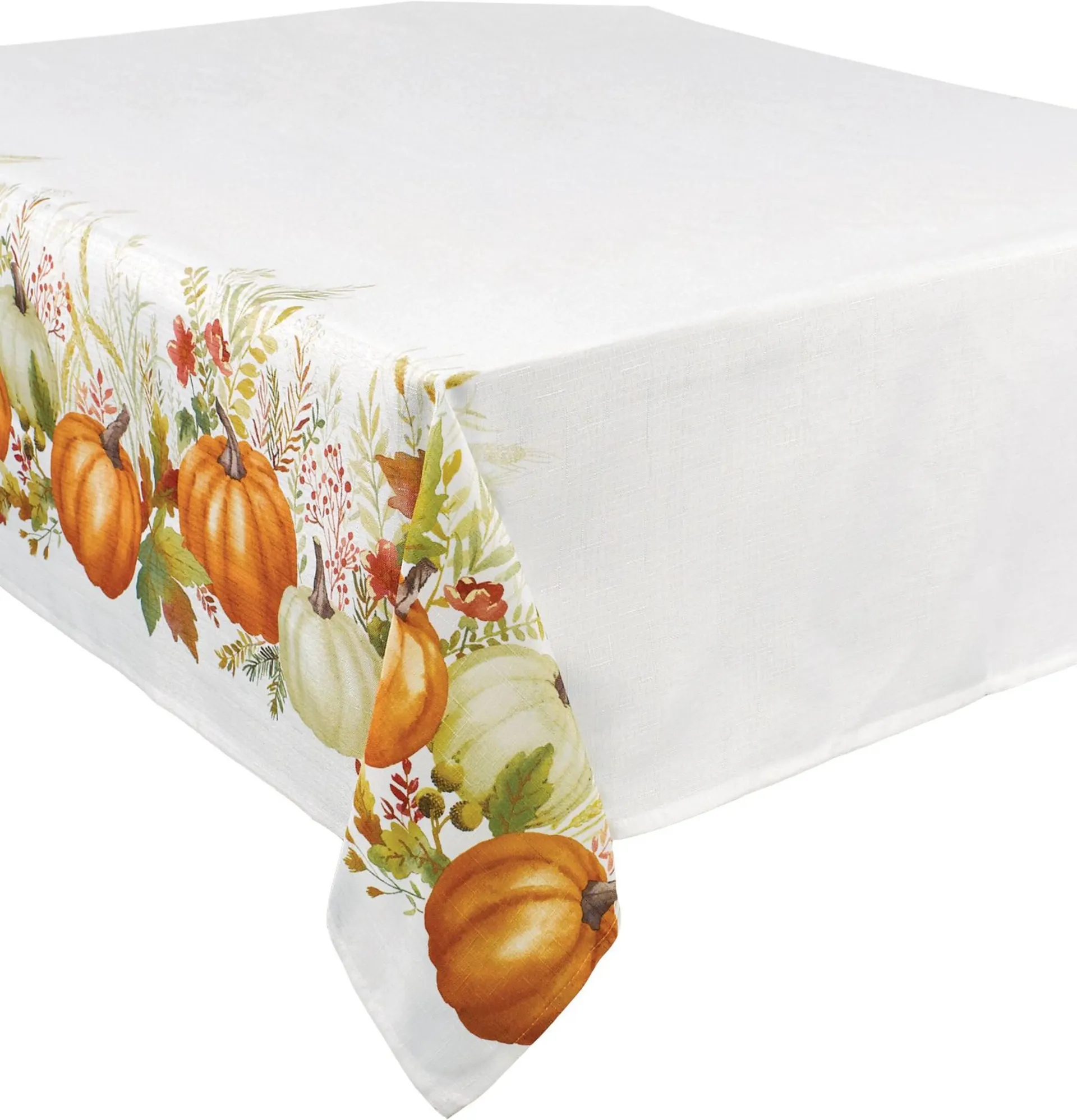 Rectangle Plastic Reusable Table Cover, White/Orange, Pumpkin & Leaves, 52-in x 90-in, for Fall