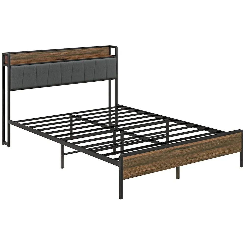 Queen Bed Frame with Charging Station Upholstered Headboard