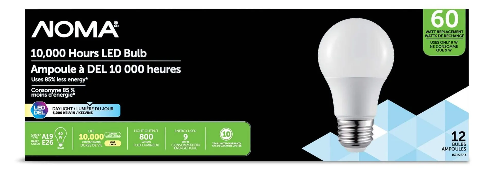 NOMA A19 E26 Base Household Non-Dimmable LED Light Bulbs, 5000K, 800 Lumens, Daylight, 60W, 12-pk