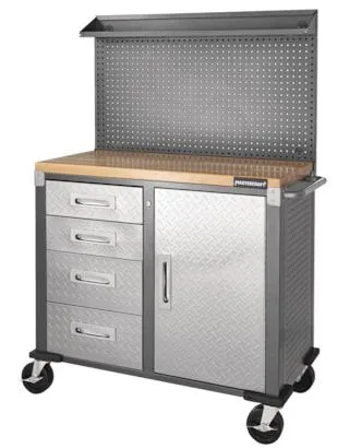 Mastercraft 4 -Drawer, 1-Door Wooden Top Workstation + Cabinet with Pegboard and Wheels, 40 x 20 x 61-in
