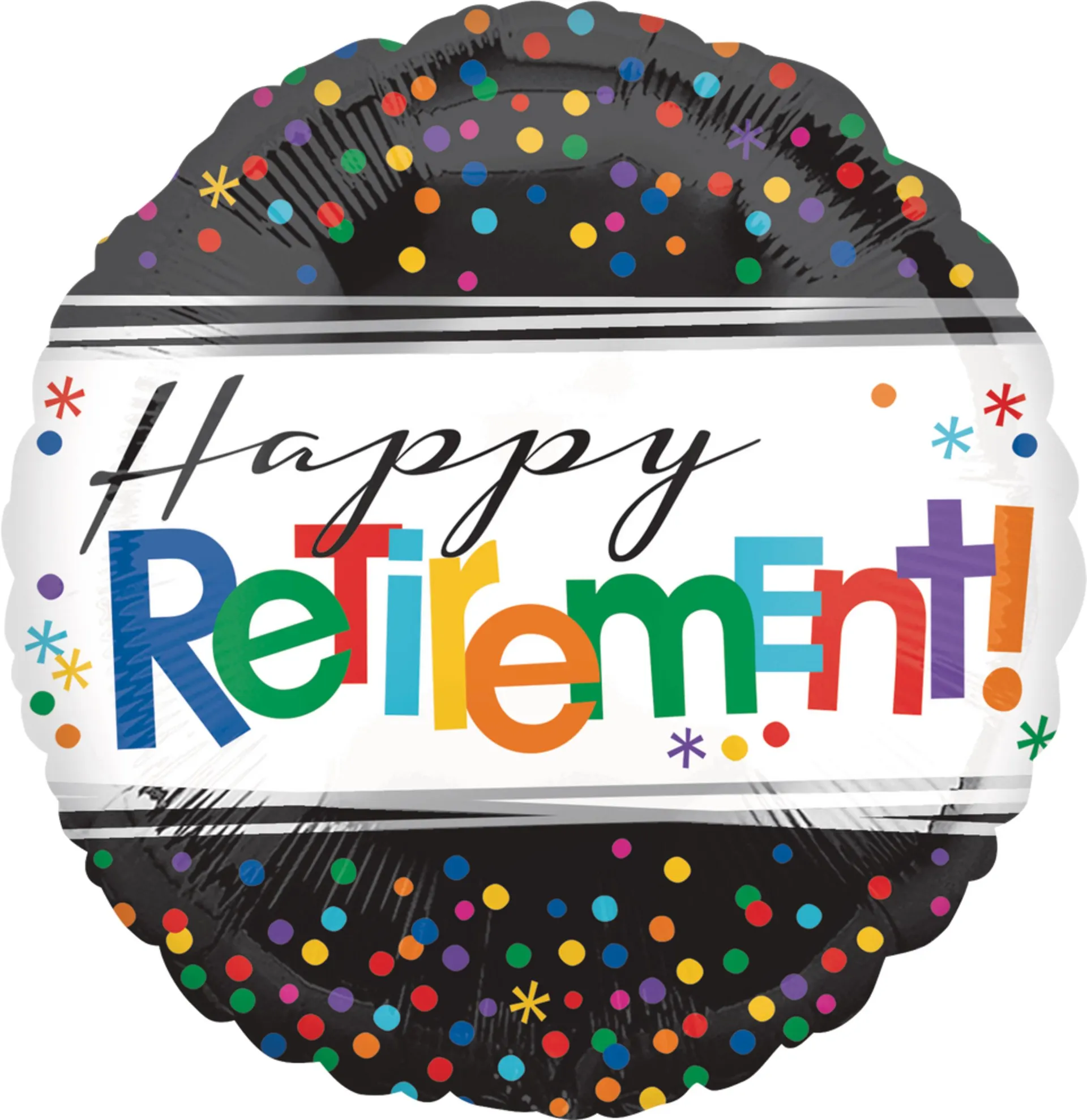 "Happy Retirement" Round Satin Foil Balloon, Black/Multi-Coloured, Polka Dot, 17-in, Helium Inflation & Ribbon Included for Retirement