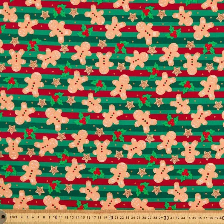 Christmas Gingerbread Man Stripe 112cm Quilting Fabric Multicoloured 112 cm