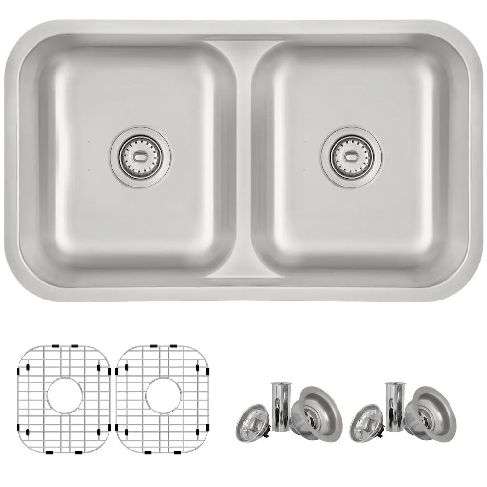 32 L X 18 W Dual Mount Low Divide Double Bowl 16 G Stainless Steel Kitchen Sink With Grids Strainers