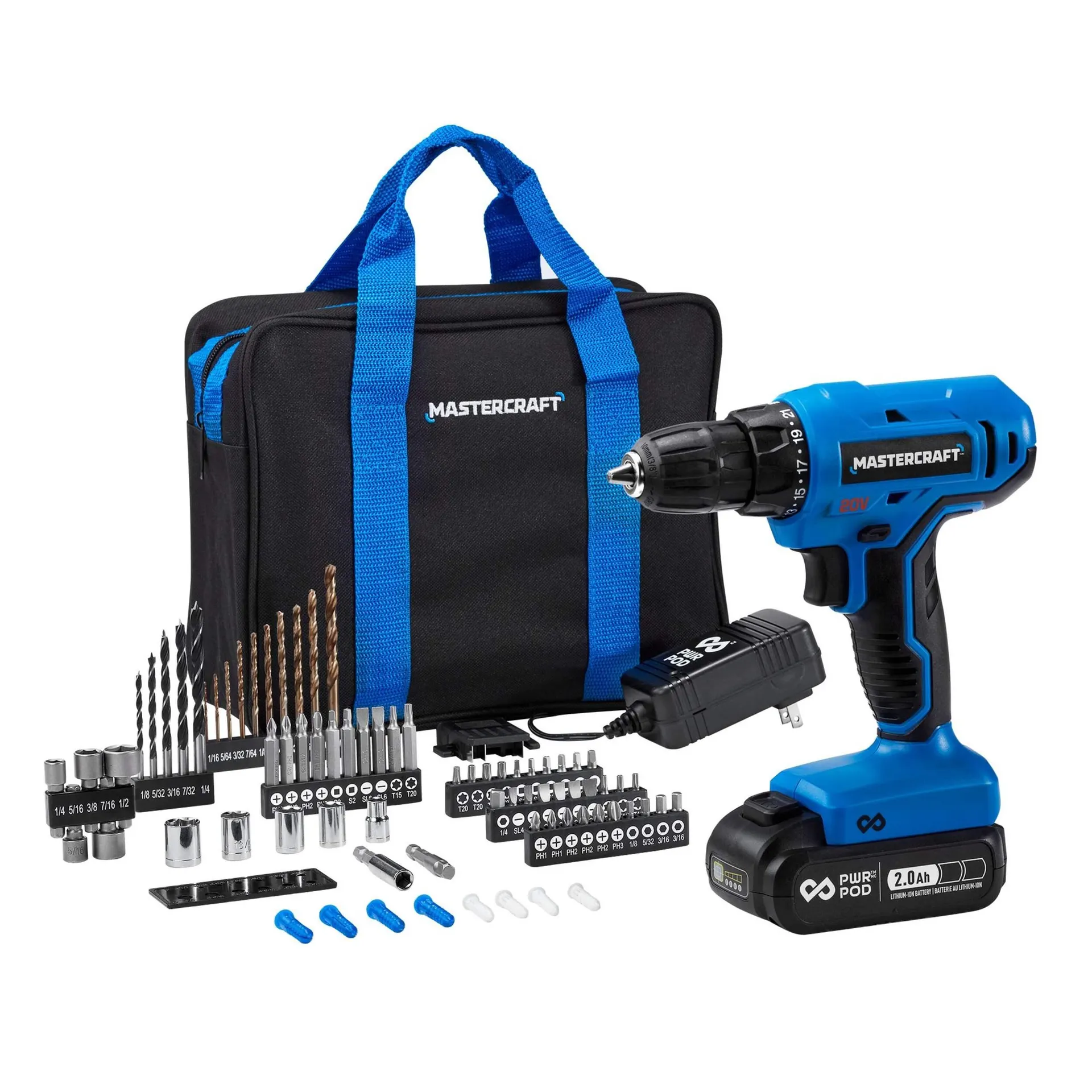 Mastercraft 20V 1-Speed Drill/Driver with 76-pc Accessory Kit, 2.0 Ah PWR POD Battery, Charger & Case, PWR POD Compatible