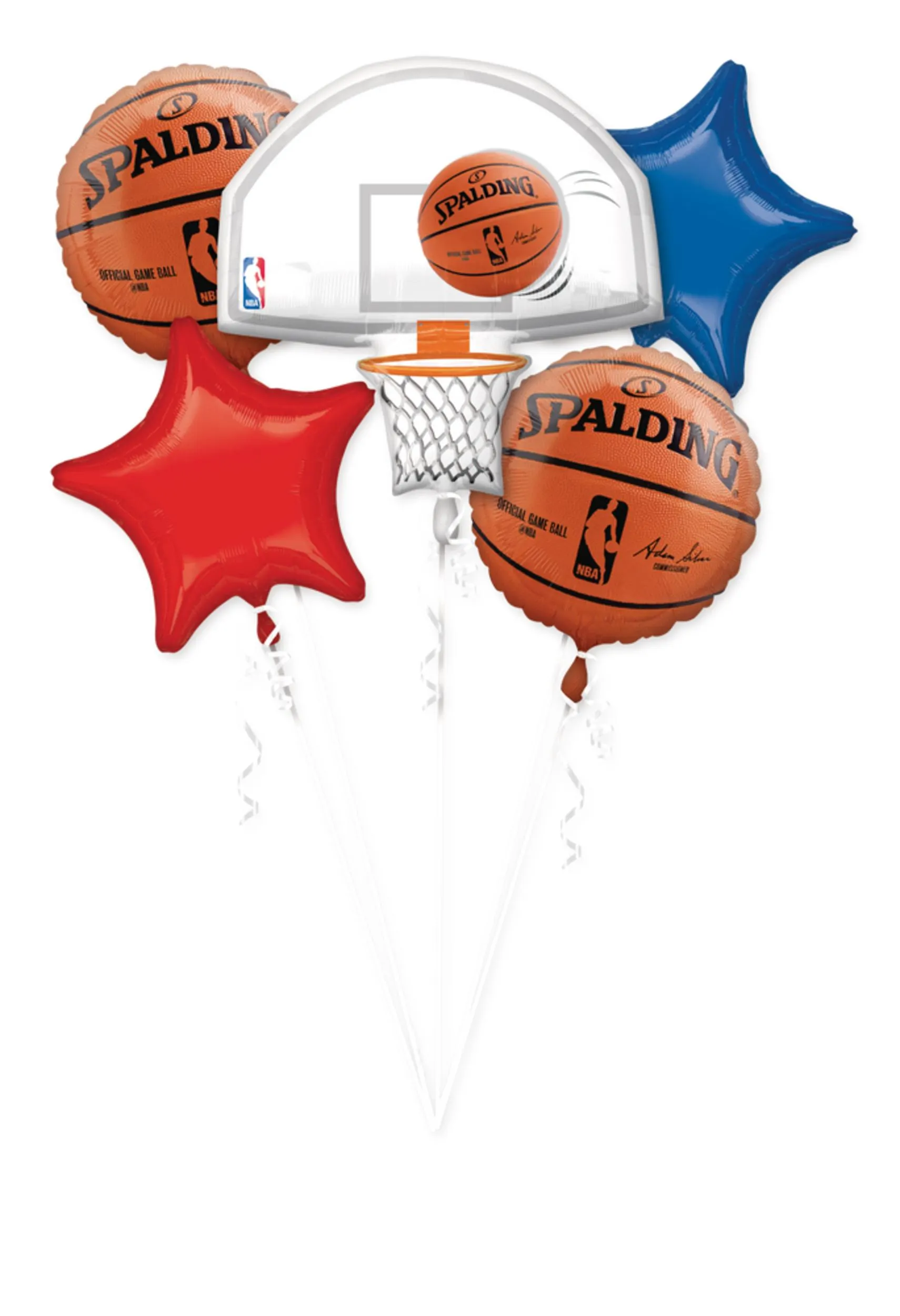 Nationla Basketball Association NBA Backboard/Basketball Satin Foil Balloon Bouquet, Orange, 5-pk, Helium Inflation & Ribbon Included for Sports Party