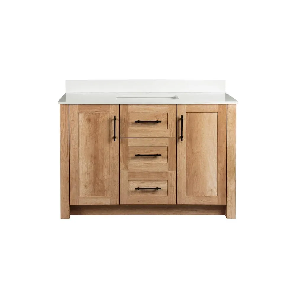 Farley 48 inch Vanity Combo in Natural Wood 2-Doors and 3-Drawers with White Artificial Stone Top
