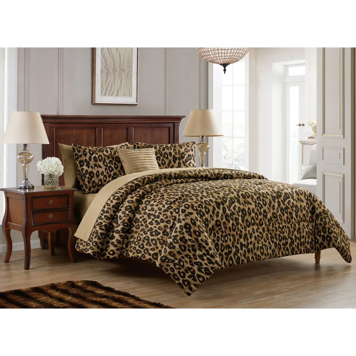 Cheetah Brown/Beige Microfiber Reversible Comforter Set