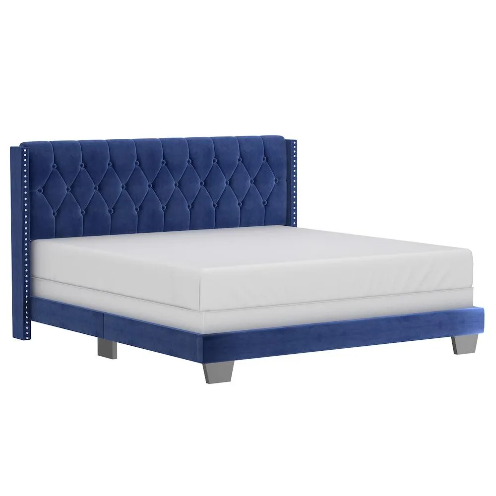 Modern Velvet Upholstered 78" King Bed in Blue
