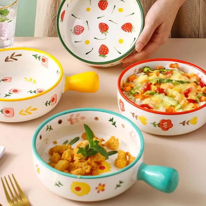 Bakewares Set With Single Handle Set Of 4, Colorful Round Ceramic 8.5" - LIVINGbasics®