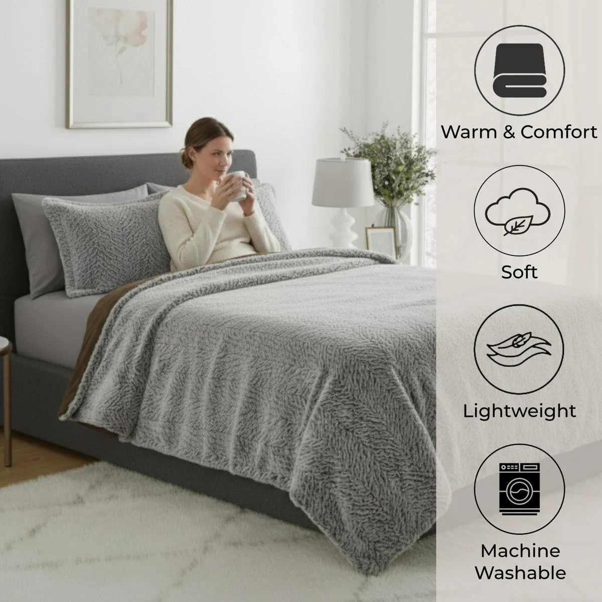 Comforter Set - 3-Piece Mink-Style Faux Fur Blanket and Sham Set - Cozy Machine-Washable Bedding