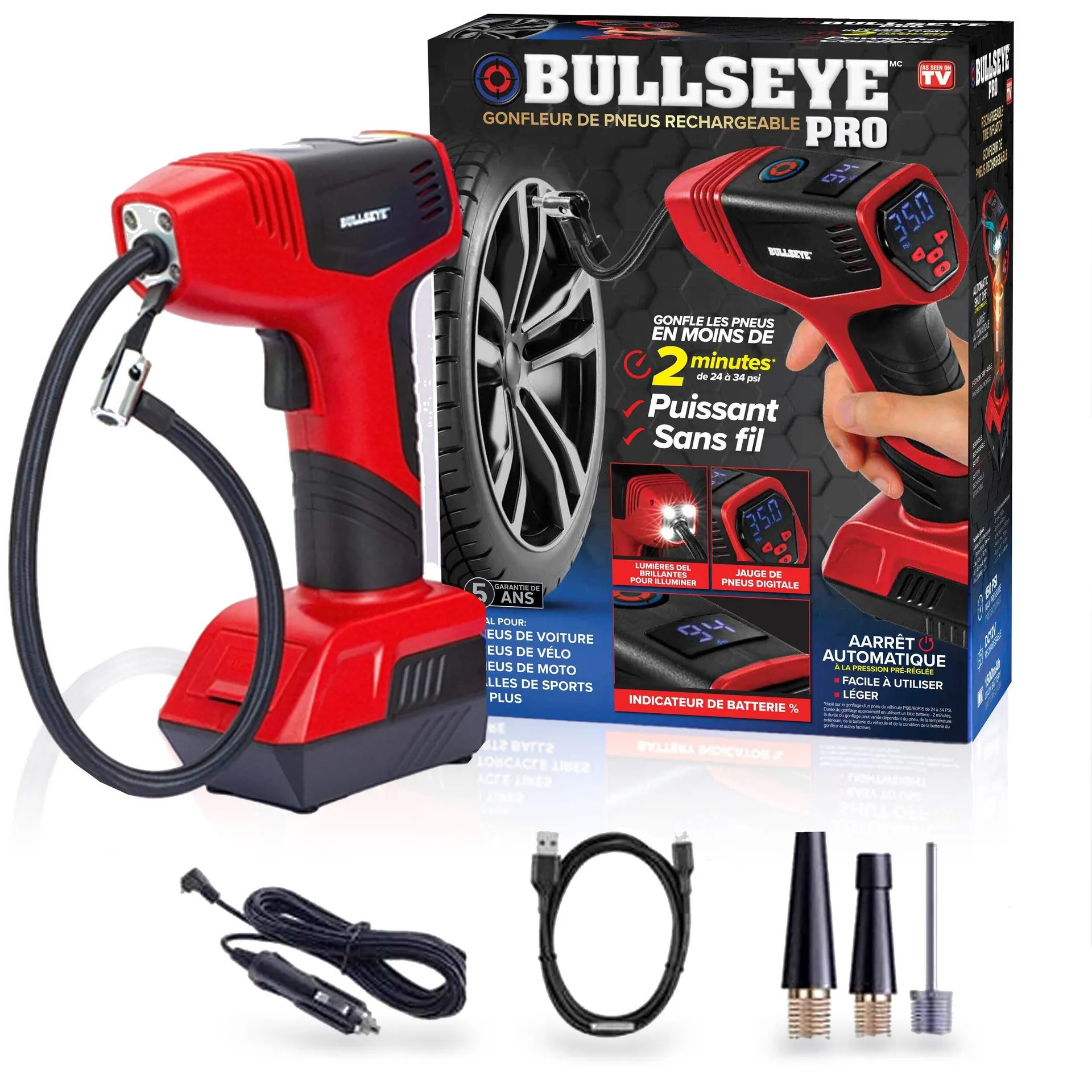 As Seen on TV Bullseye Pro Rechargeable Cordless Tire Inflator, Compact Design, Red