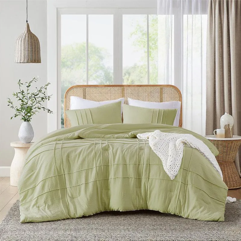 Queen Comforter + 2 Standard Shams Harris Pinch Pleated Soft Washed Boho Comforter Set
