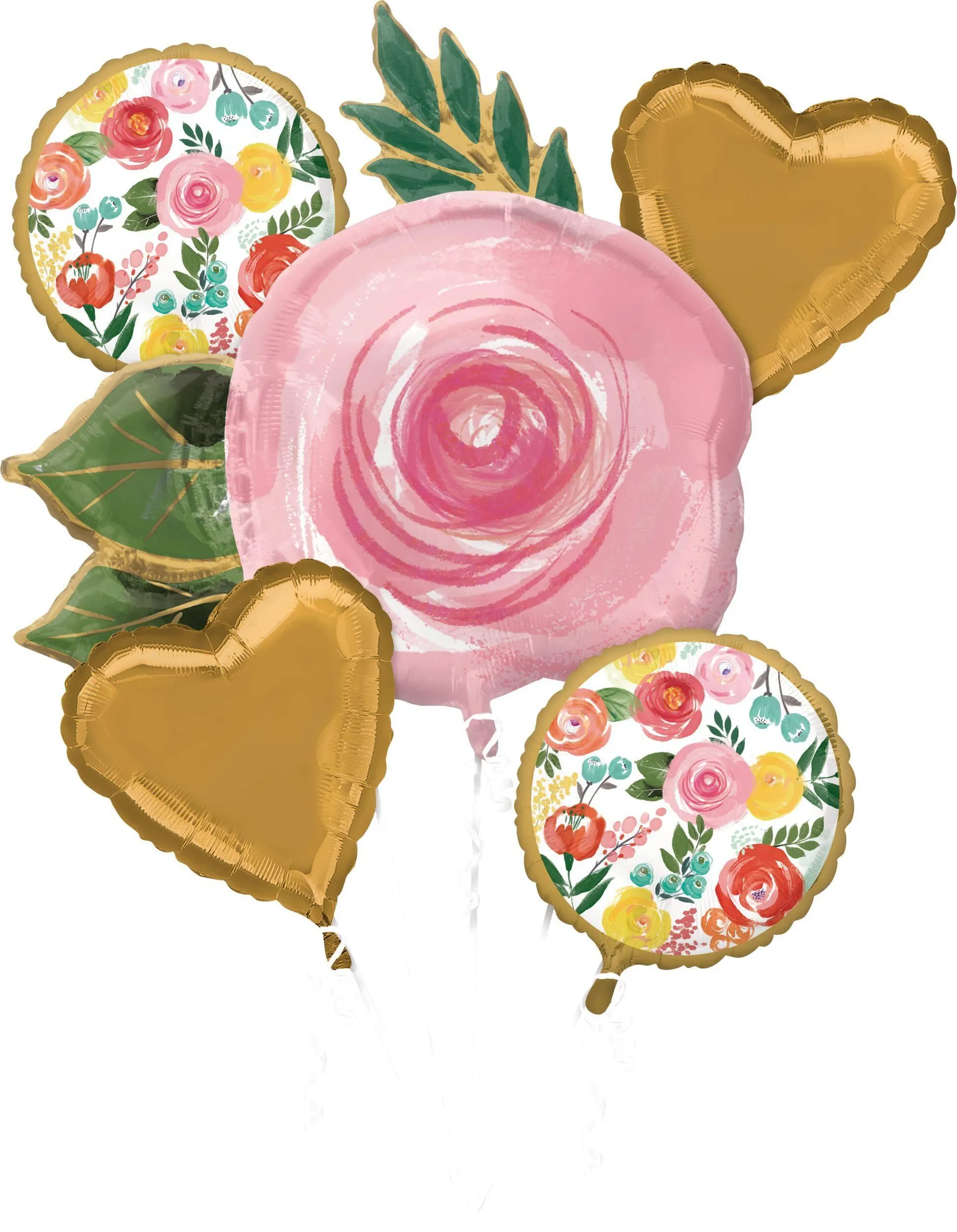 Rose/Hearts Satin Foil Balloon Bouquet, Pink/Gold, Floral, 5-pk, Helium Inflation & Ribbon Included for Bridal Shower/Baby Shower/Mother's Day