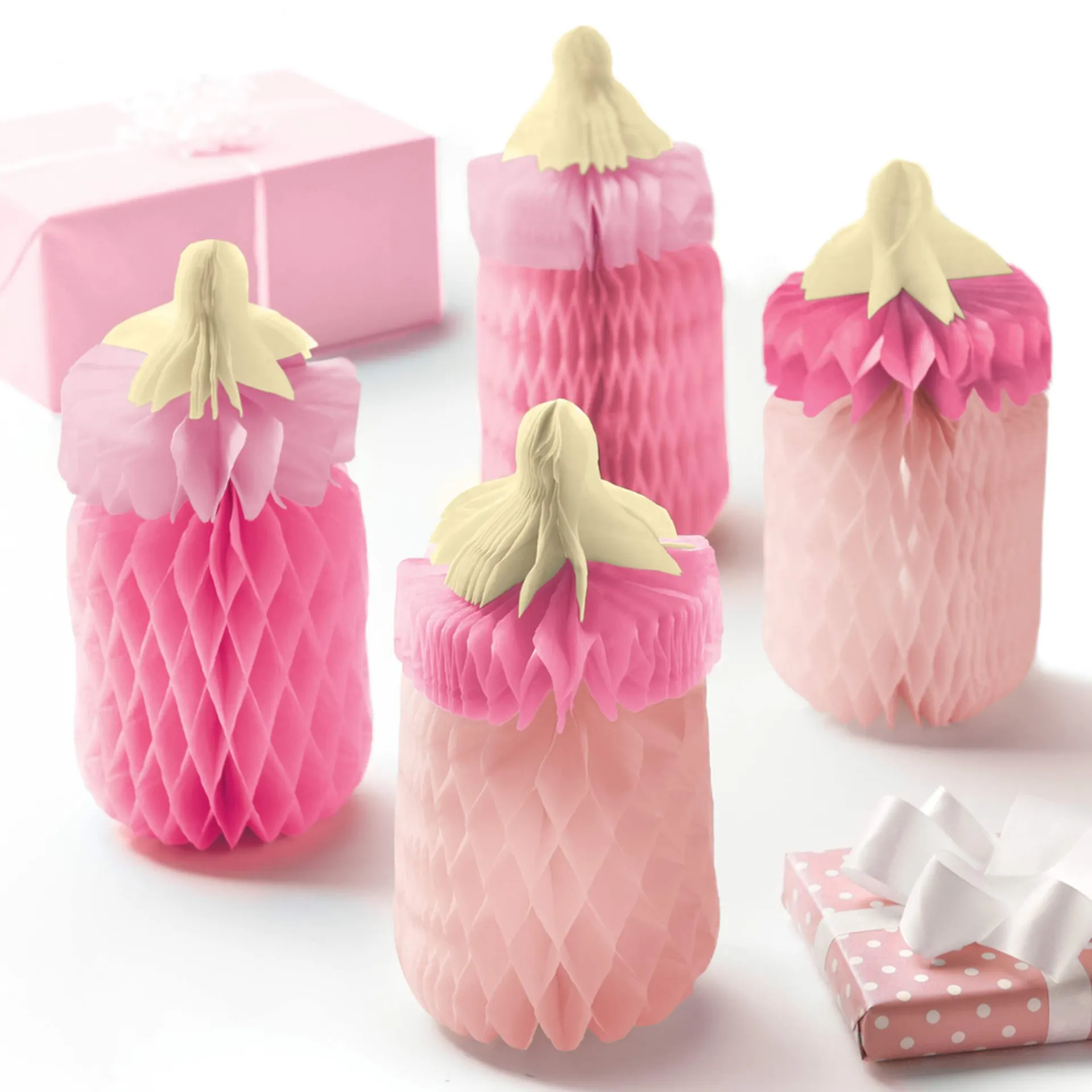 It's A Girl Baby Bottle Honeycomb Centerpiece Kit, 4-pk