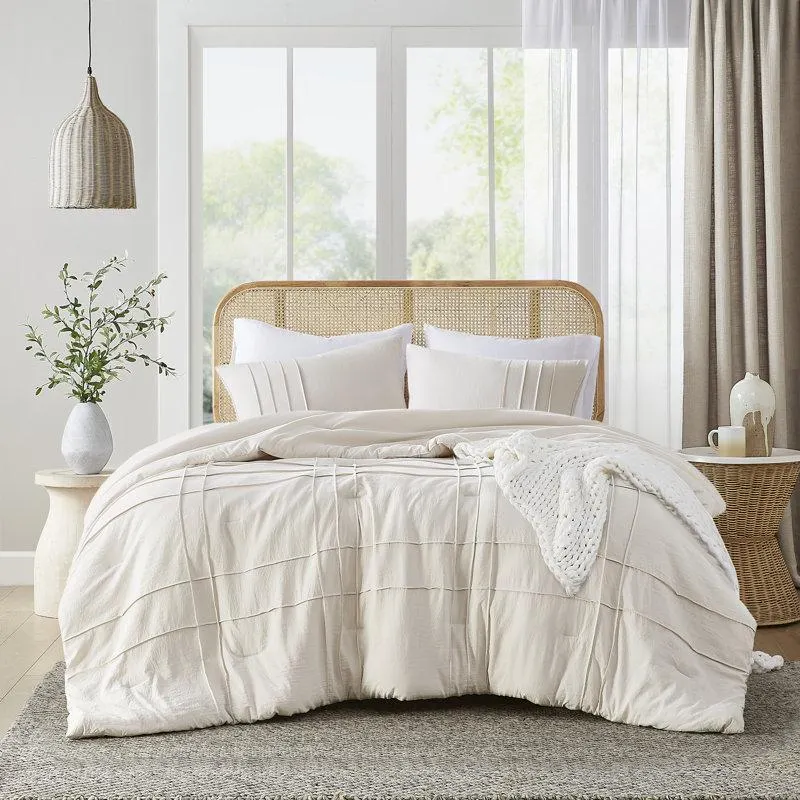 Full/Queen Comforter + 2 Standard Shams Harris Pinch Pleated Soft Washed Boho Comforter Set