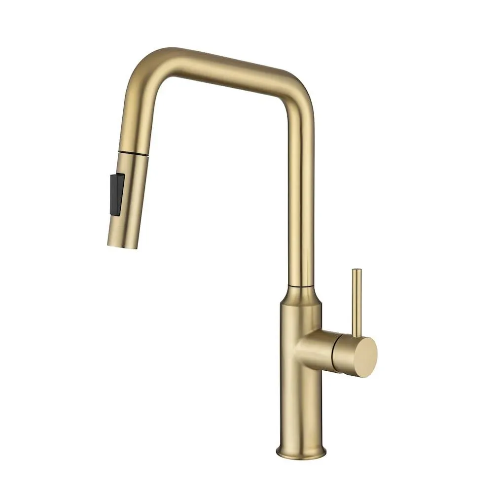 Single Handle Pull Down Sprayer Kitchen Sink Faucet With Supply Lines in Brushed Gold