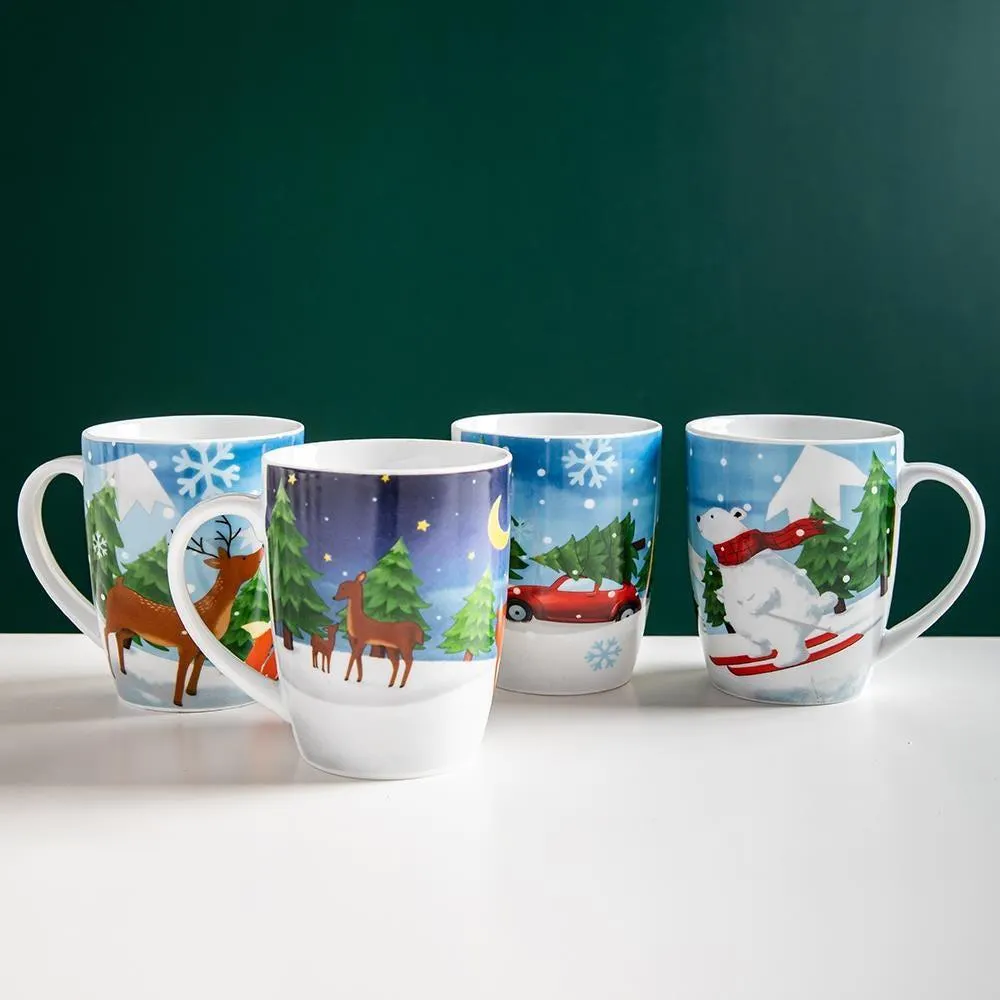 KSP Christmas Decal 'Woodland Santa' Porcelain Mug - Set of 4