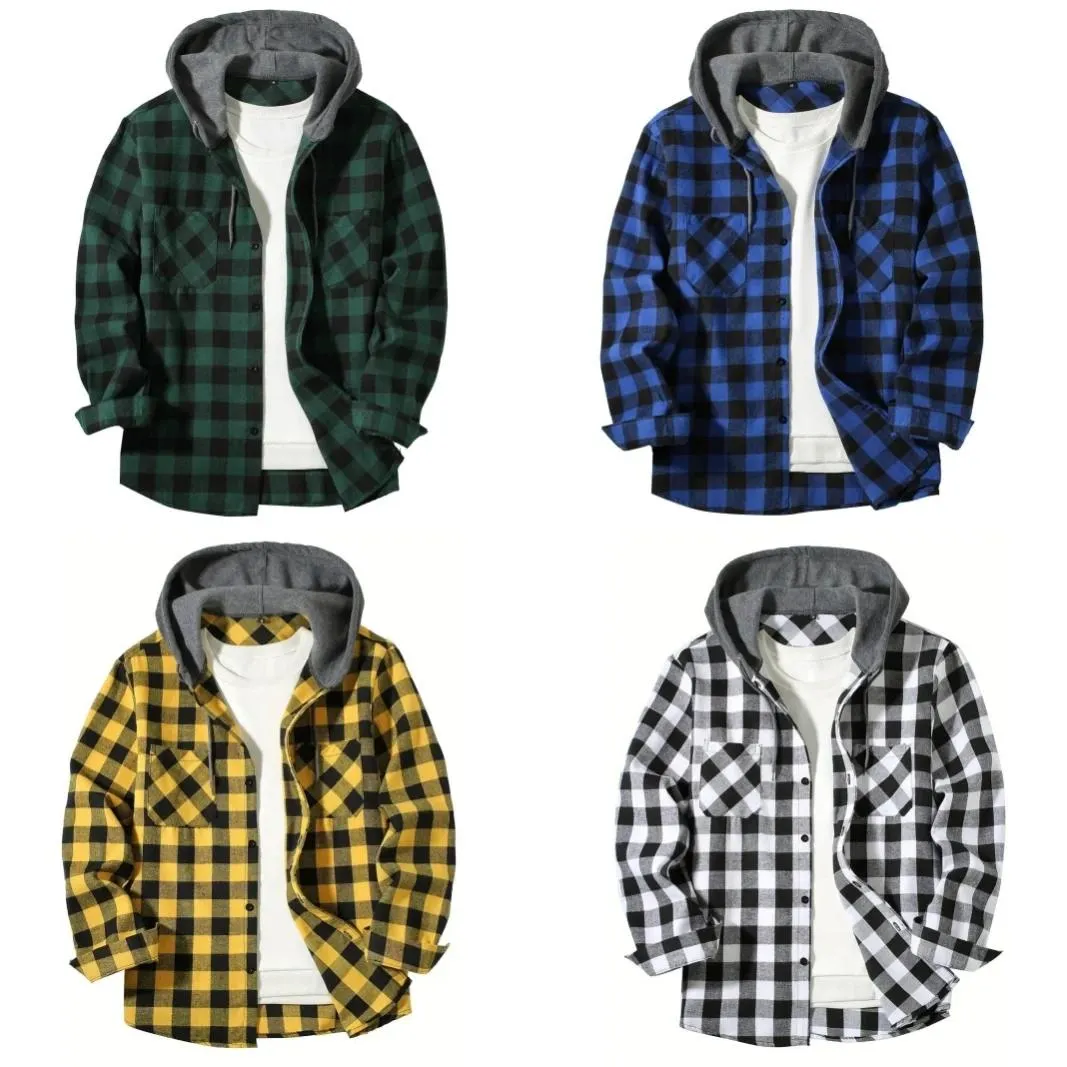 Men's Business Spring And Autumn Fashion Plaid Casual Buckle Hooded Long-Sleeved Double-Pocket Shirt Hoodie Jacket Top Shirts