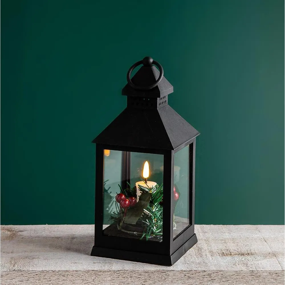 KSP Christmas 'Holly Wreath' LED Plastic Lantern (Small Black)