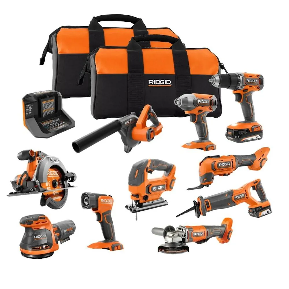 18V Lithium Ion Cordless 10-Tool Combo Kit with (1) 2.0 Ah Battery, (1) 4.0 Ah Battery, Charger