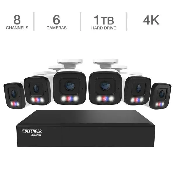 Defender AI POWERED Sentinel 4K Ultra HD Wired 8 Channel PoE NVR Security System with 6 Metal Cameras with 1 TB HDD