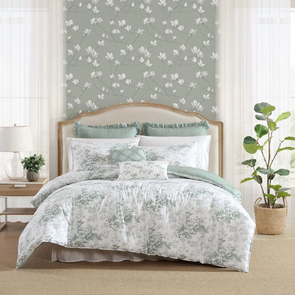 Laura Ashley Toile Delight Green Cotton Reversible Comforter Bonus Set