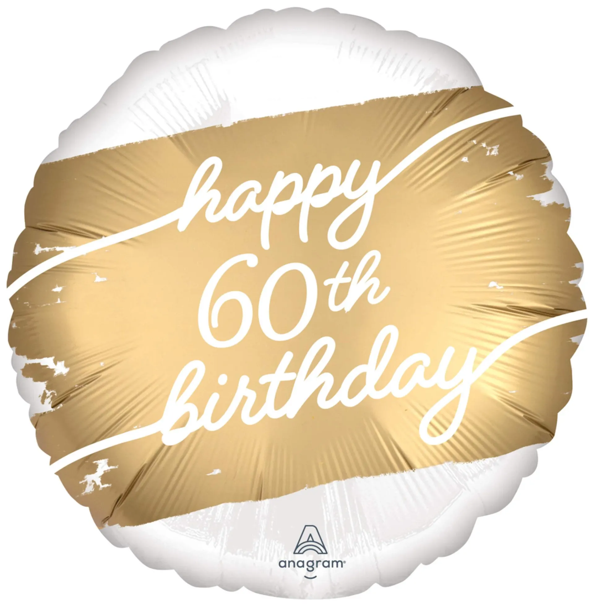 Golden Age "Happy 60th Birthday" Round Satin Foil Balloon, White/Gold, 18-in, Helium Inflation & Ribbon Included for Birthday Party