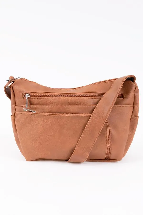 Triple zipper pocket medium crossbody bag - Tan