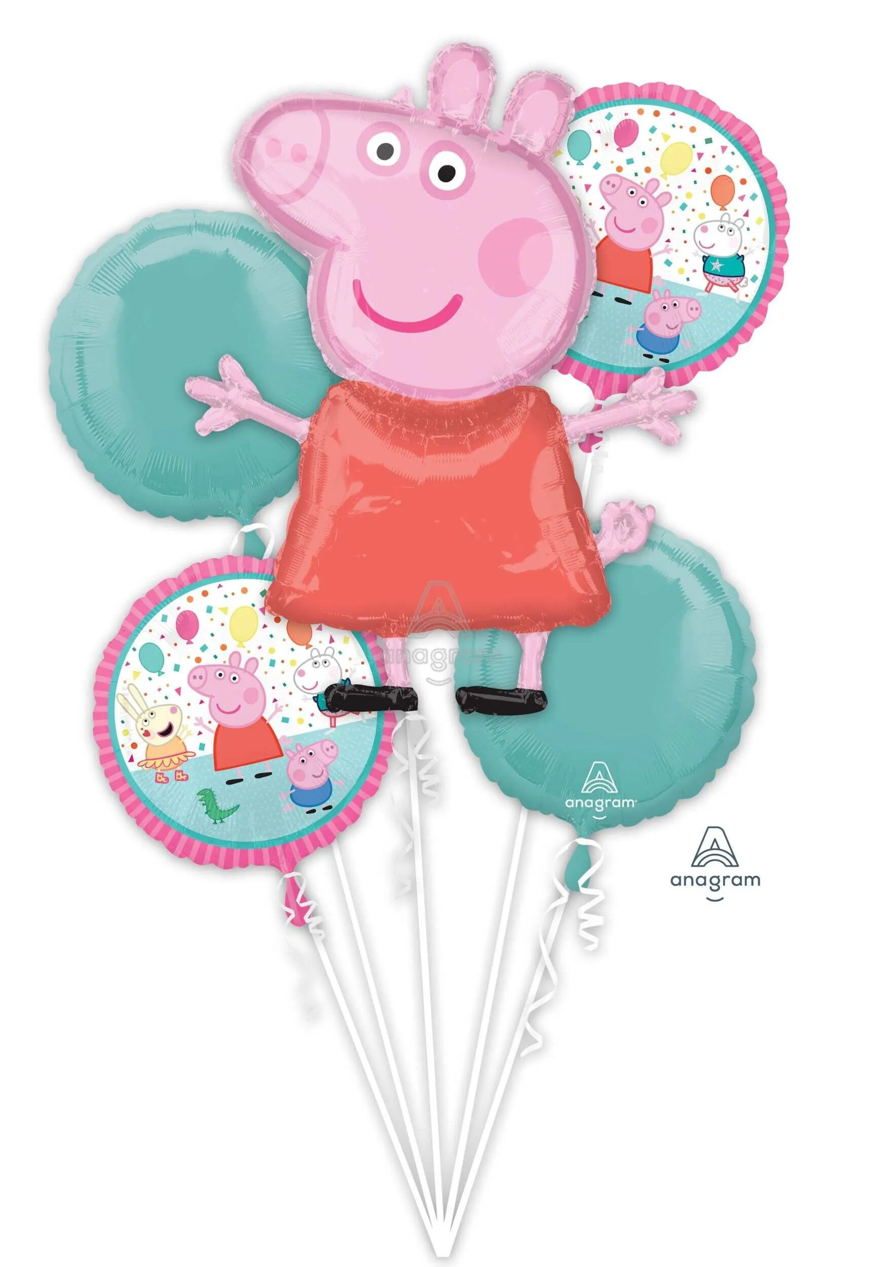 Nickelodeon Peppa Pig Round Satin Foil Balloon Bouquet, Pink/Blue, 5-pk, Helium Inflation & Ribbon Included for Birthday Party
