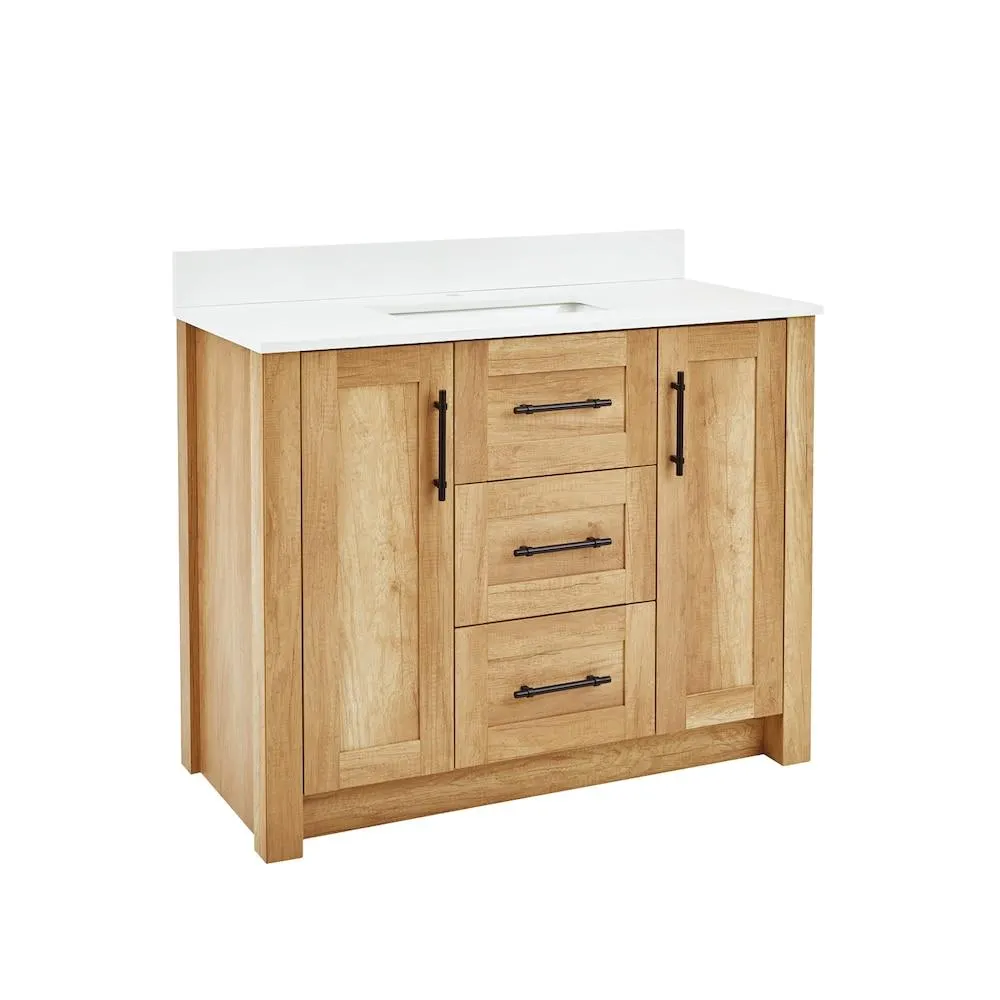 Farley 42-inch Vanity with Double-Doors and 3 Drawers in Natural Wood Finish and White Artificial Stone Vanity Top