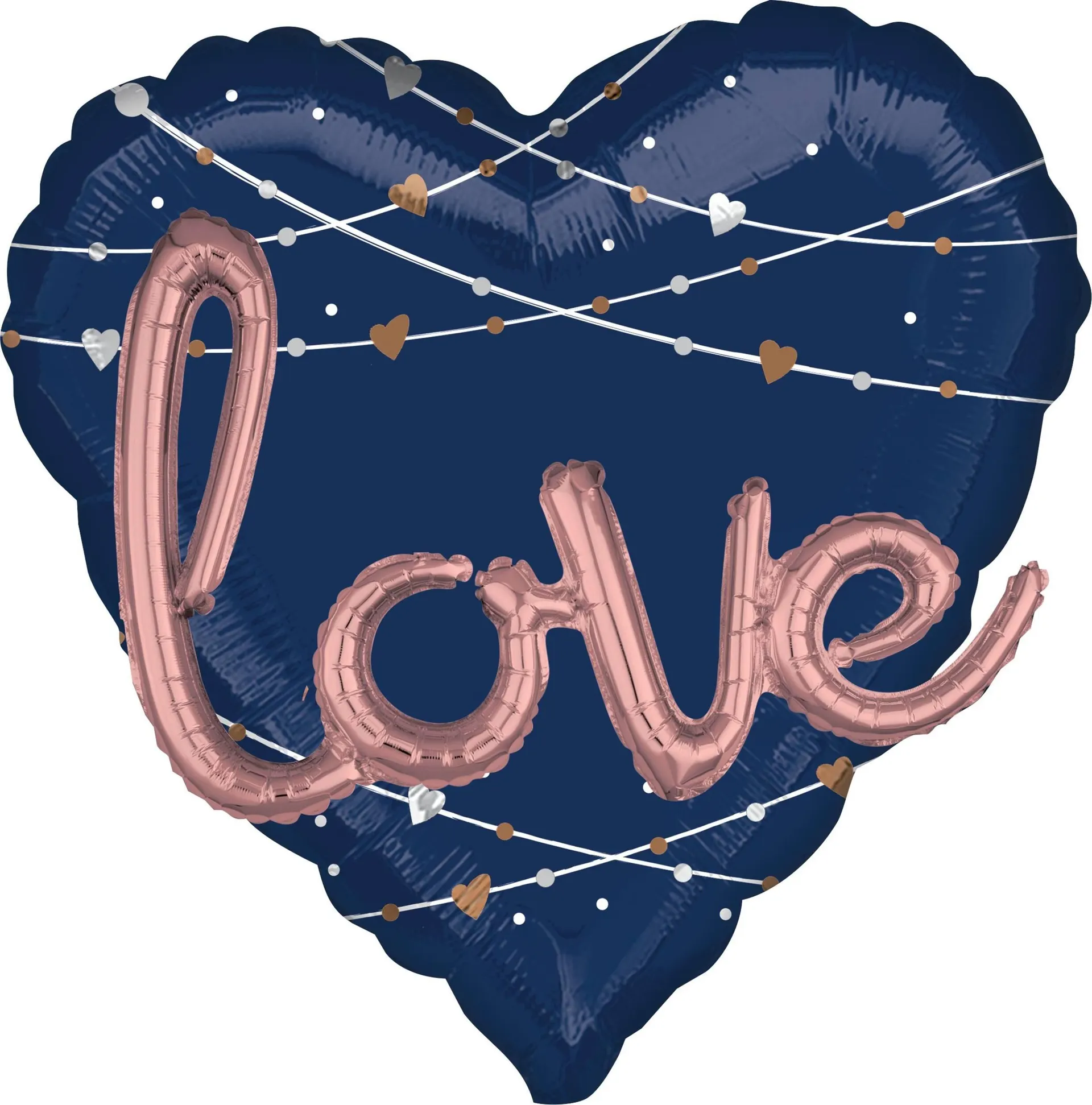"Love" 3D Heart Satin Foil Balloon, Navy Blue/Rose Gold, 36-in, Helium Inflation & Ribbon Included for Anniversary/Wedding/Engagement