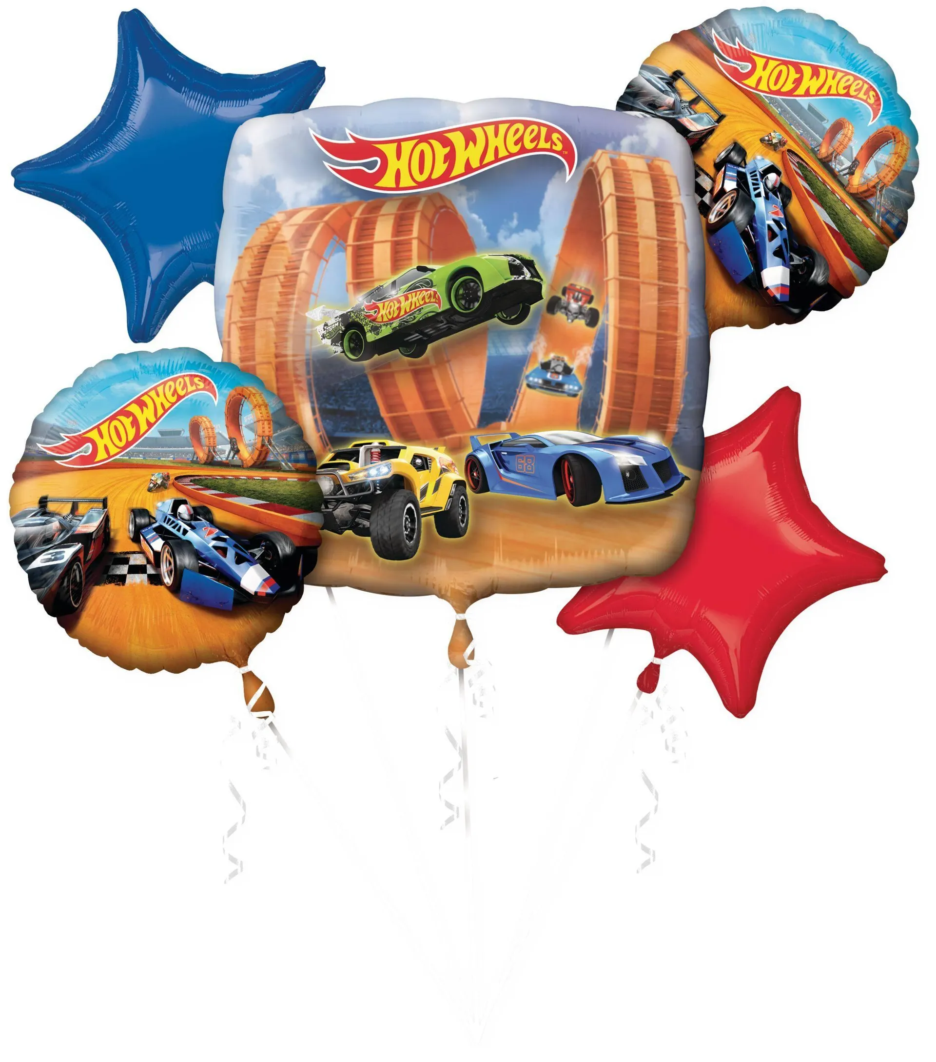 Mattel Hot Wheels Star/Round Satin Foil Balloon Bouquet, Brown/Blue, 5-pk, Helium Inflation & Ribbon Included for Birthday Party