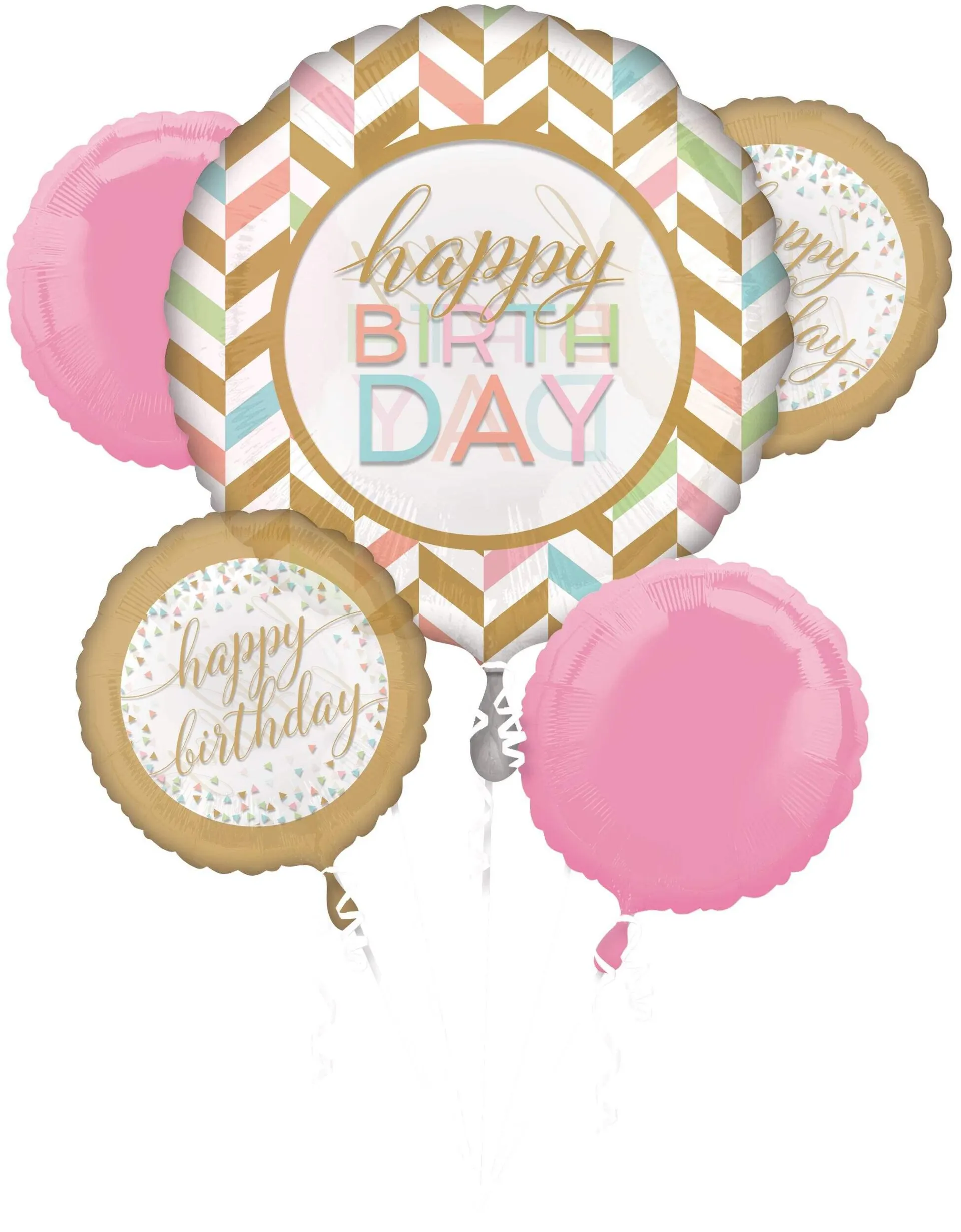 "Happy Birthday" Round Satin Foil Balloon Bouquet, Gold/Pink, Striped, 5-pk, Helium Inflation & Ribbon Included for Birthday Party