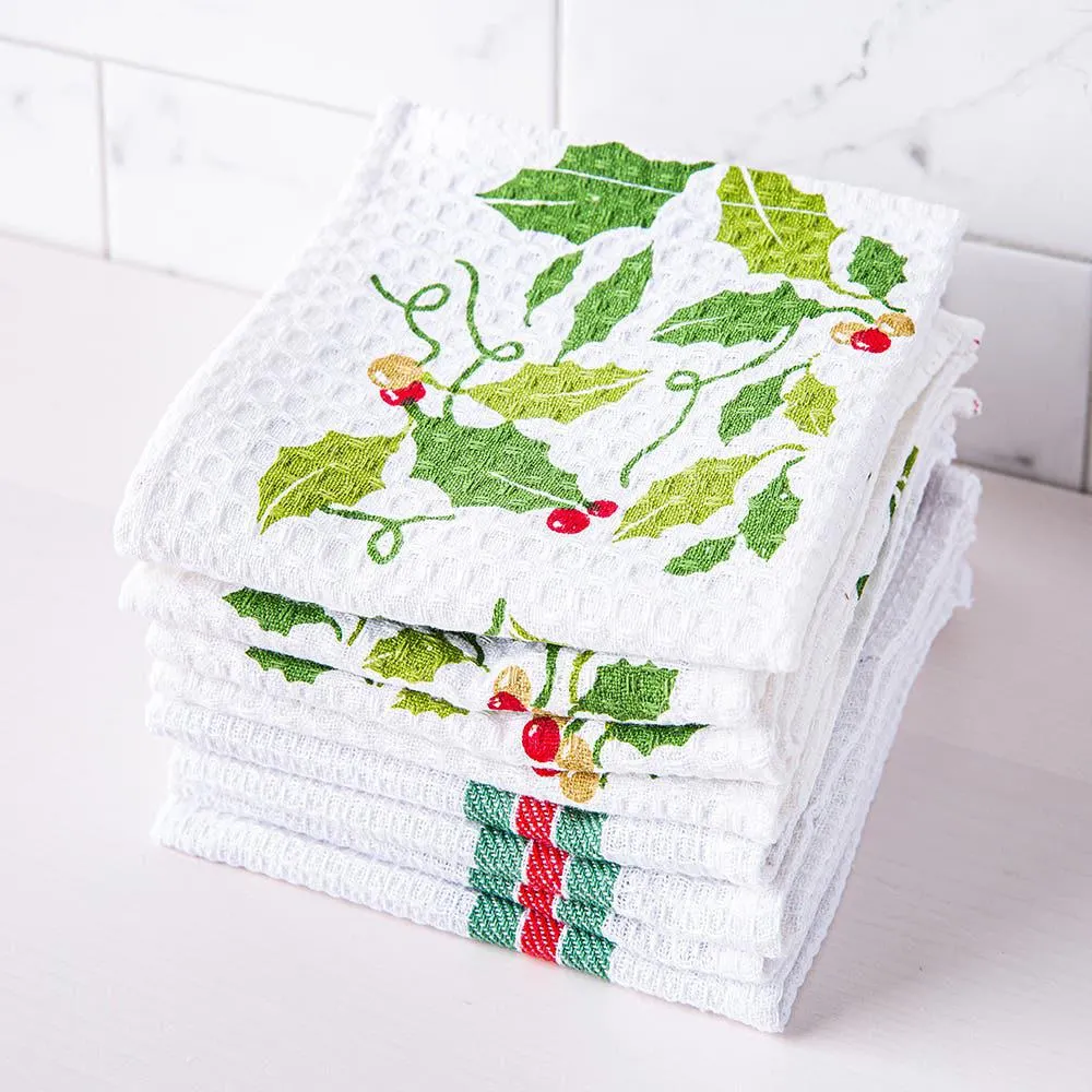 Home Style Christmas 'Holly' Cotton Dish Cloths - Set of 8 (Green)