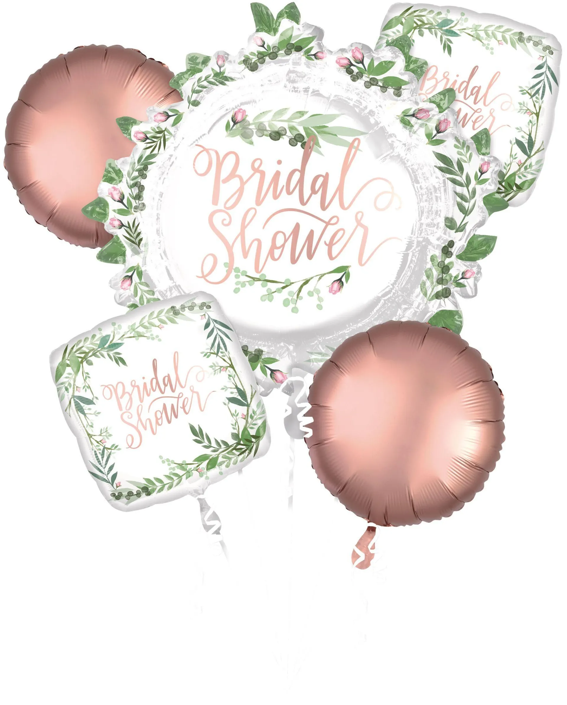 Love & Leaves "Bridal Shower" Square Satin Foil Balloon Bouquet, White/Rose Gold, 5-pk, Helium Inflation & Ribbon Included for Wedding/Bridal Shower