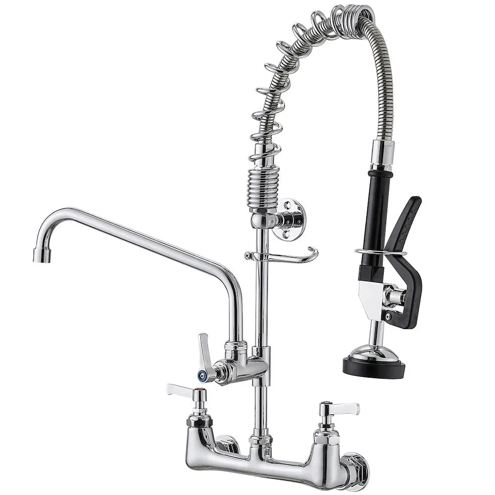 High Arc Restaurant Pull Down 2-Handle Wall Mount Pre-Rinse Spray Utility Kitchen Faucet in Chrome