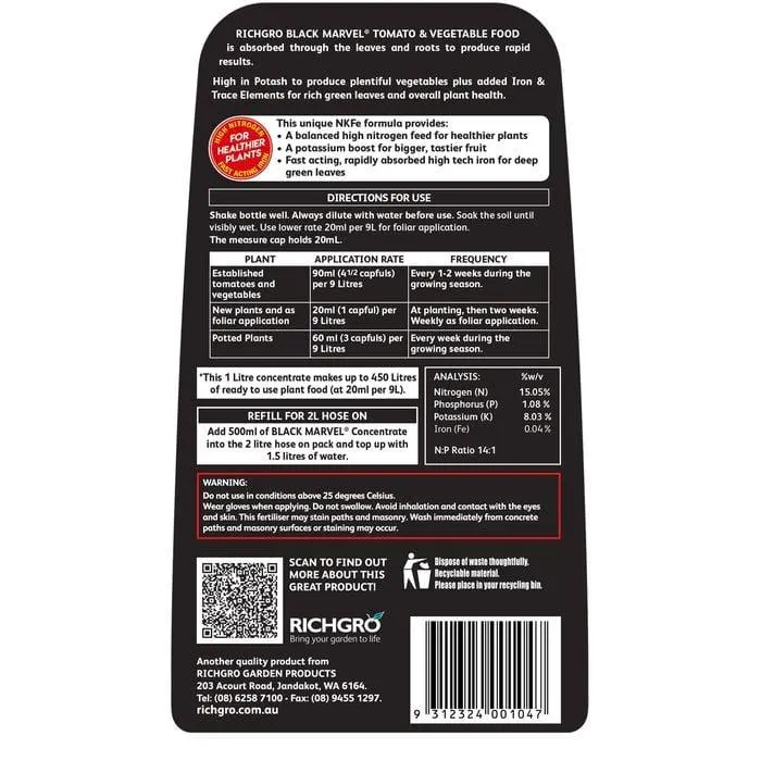 Richgro 1L Black Marvel Tomato And Vegetable Food Liquid Fertiliser Concentrate