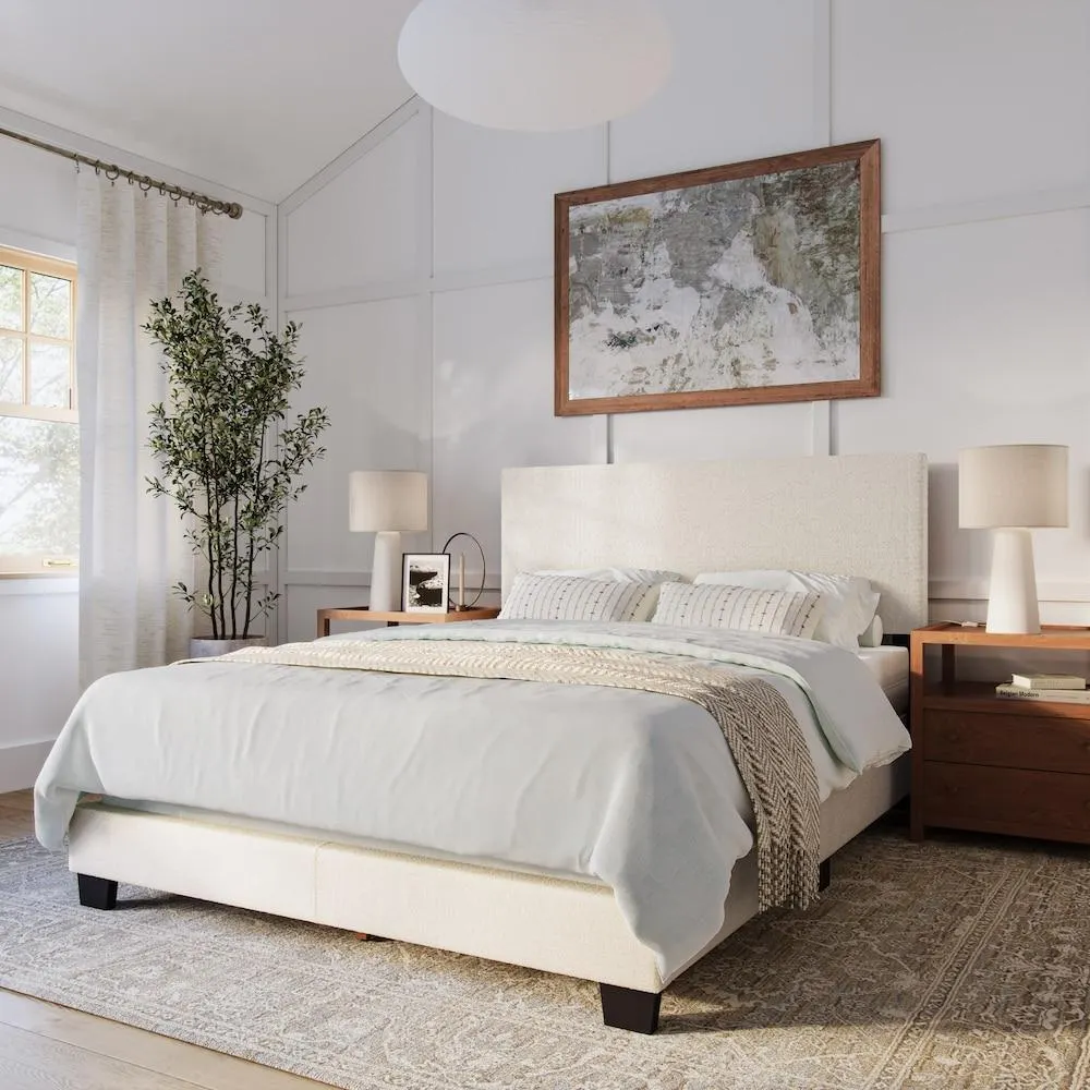 Celeste Mordern Off White Boucle Queen Bed Frame with Headboard