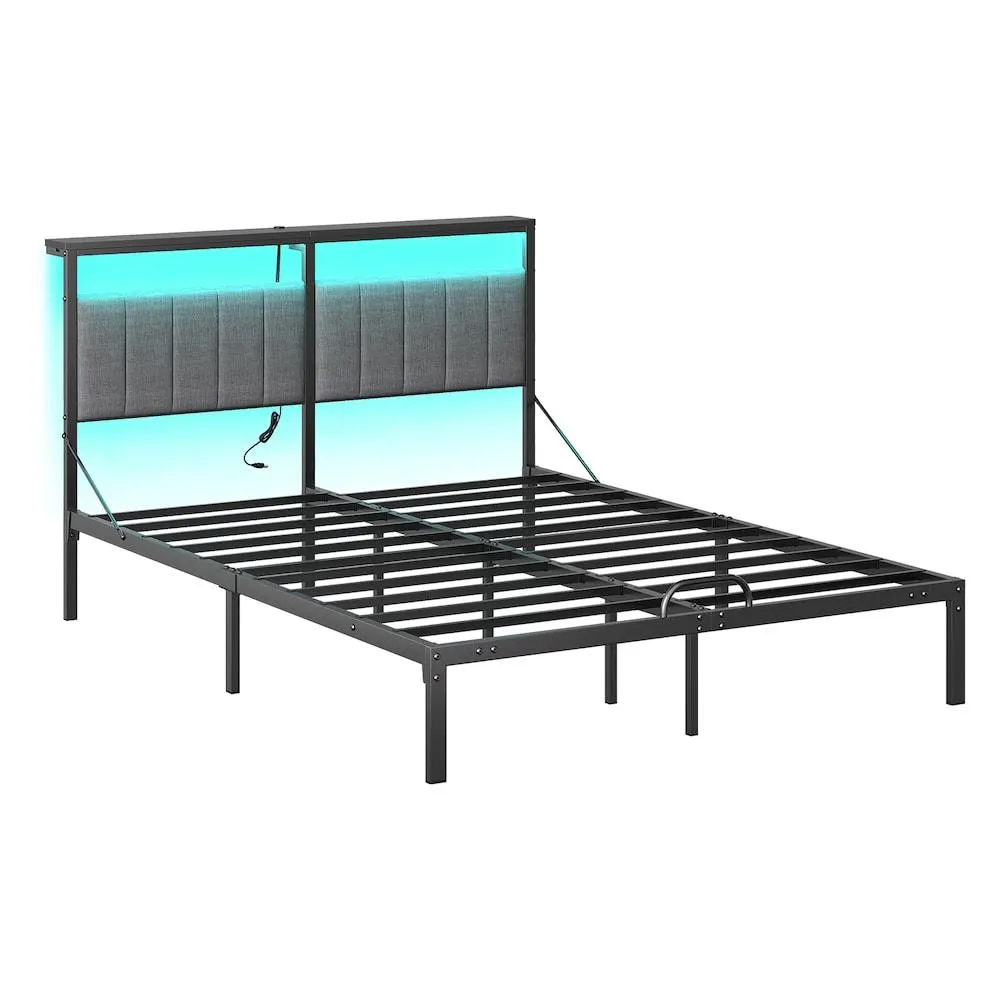 Grey Bed Frame Queen Size with LED Lights, Upholstered Headboard with Storage Shelves